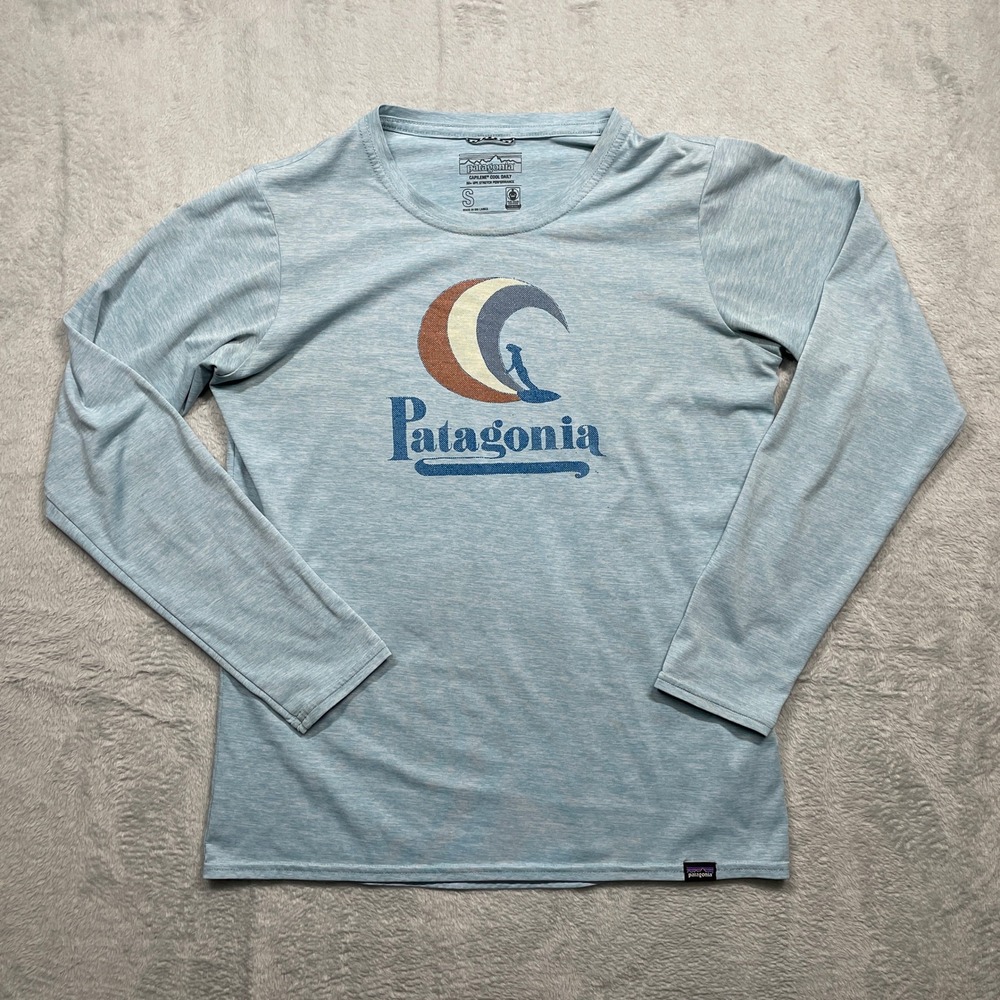 Patagonia Capilene Cool Daily Shirt Mens S Light Blue Long Sleeve Graphic UPF 50